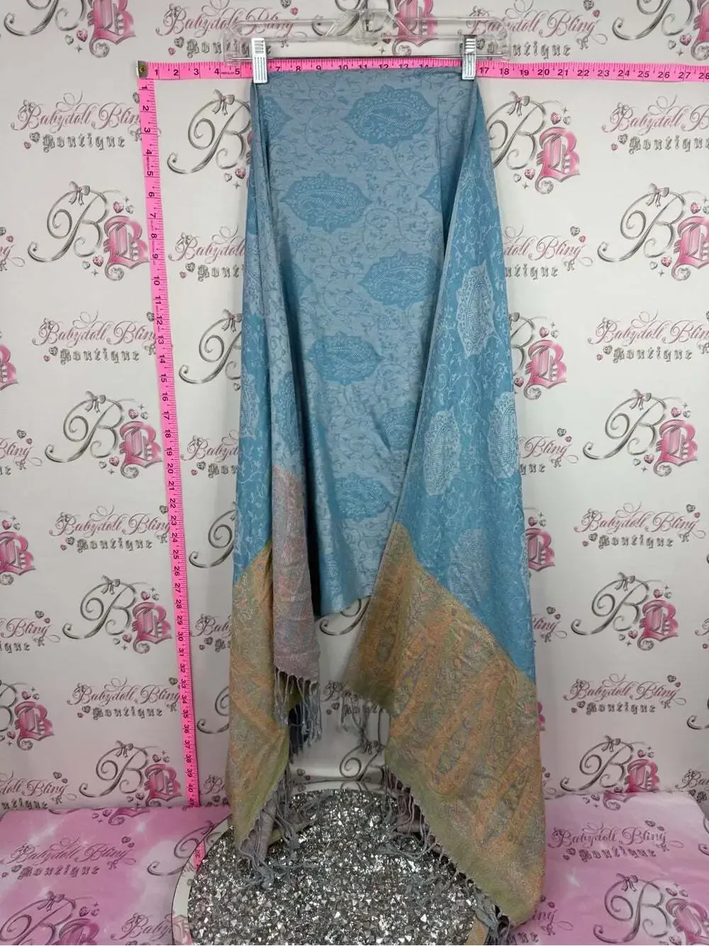 Scarf Light Blue Paisley Woven Wrap with Pastel Trim